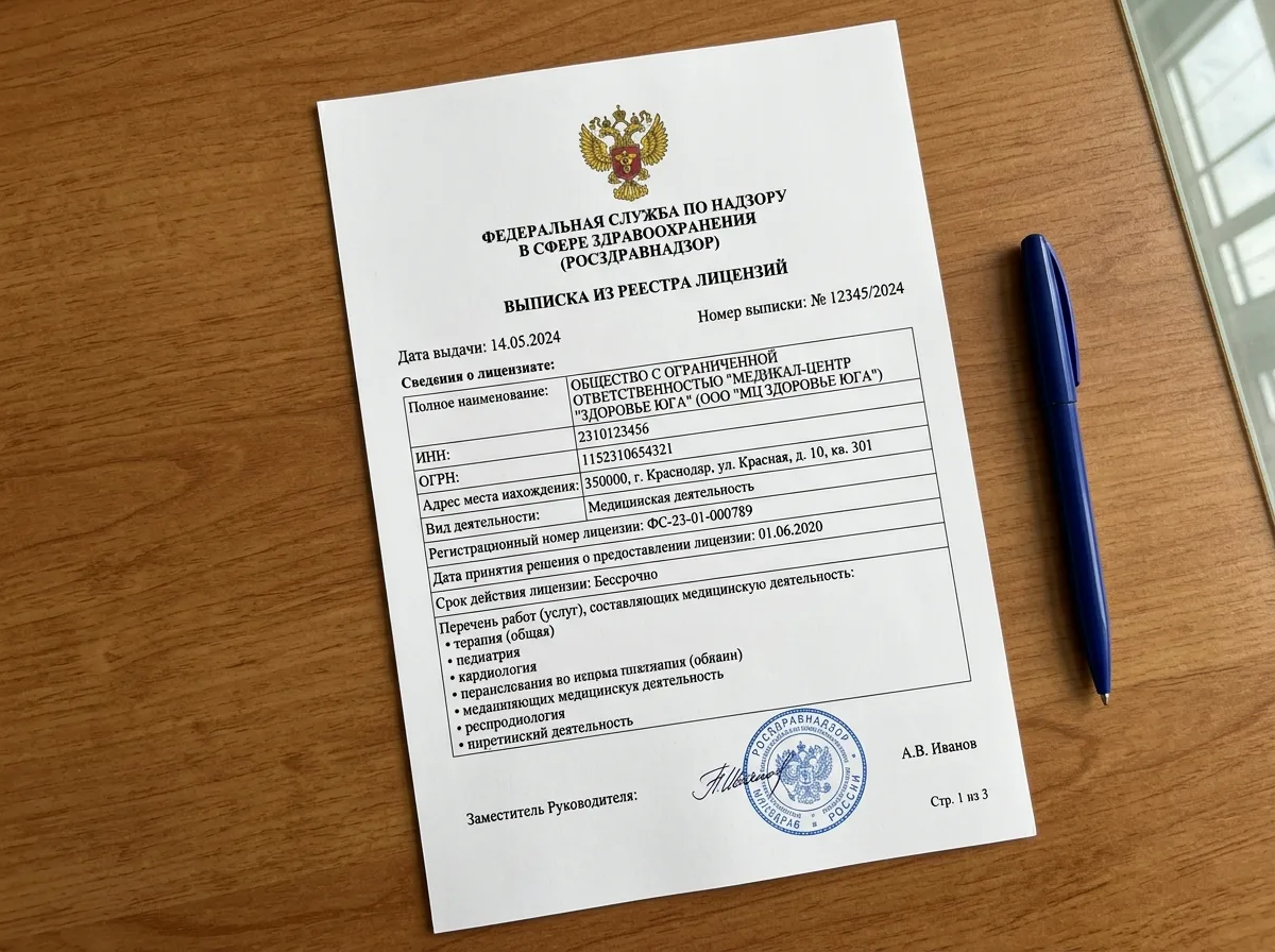Выписка из реестра лицензий Росздравнадзора, официальная распечатка с государственным гербом, чёрный текст на белом фоне